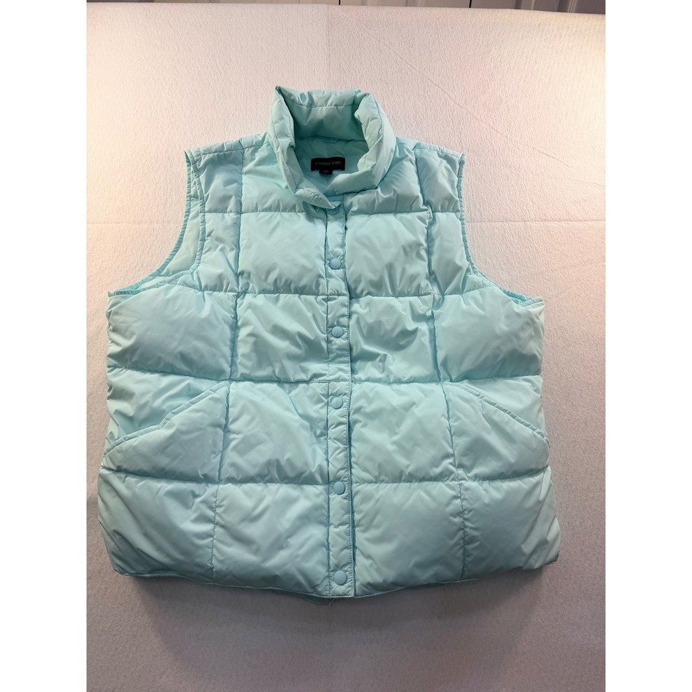 Lands' End Women's XL 18-20 Down Puffer Vest Aqua Blue Snap Front